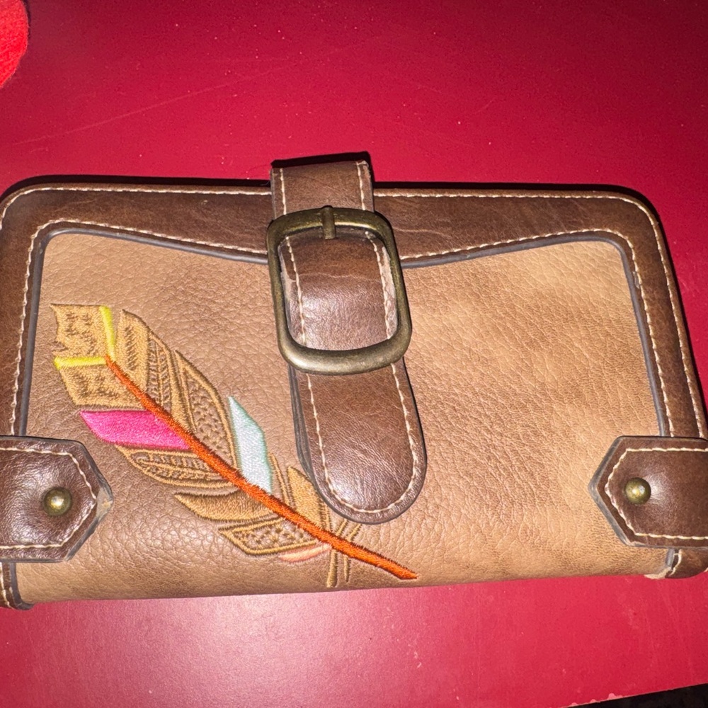 Tan Brown Embroidered Feather Wallet